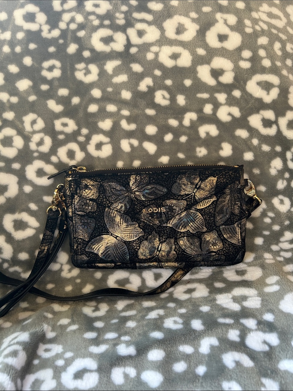 Lodis Black Floral Crossbody Wristlet with Gold Hardware with RFID protection